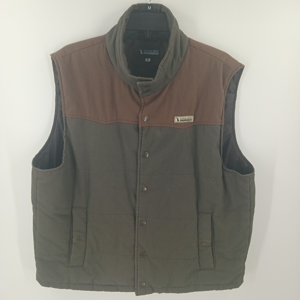 Local Boy Outfitters Mens Canvas Quilted Vest Olive Brown Snap Front Large